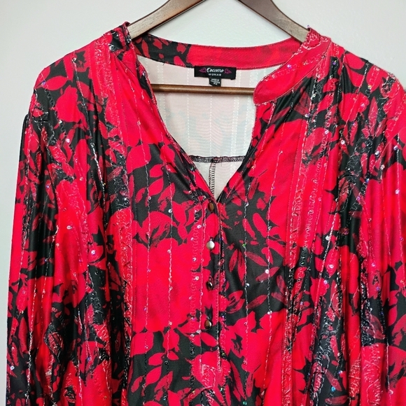 Cocomo Top Womens Plus 2X Red Black Floral Sequin Pintuck Goth Dark Feminine - Picture 3 of 10
